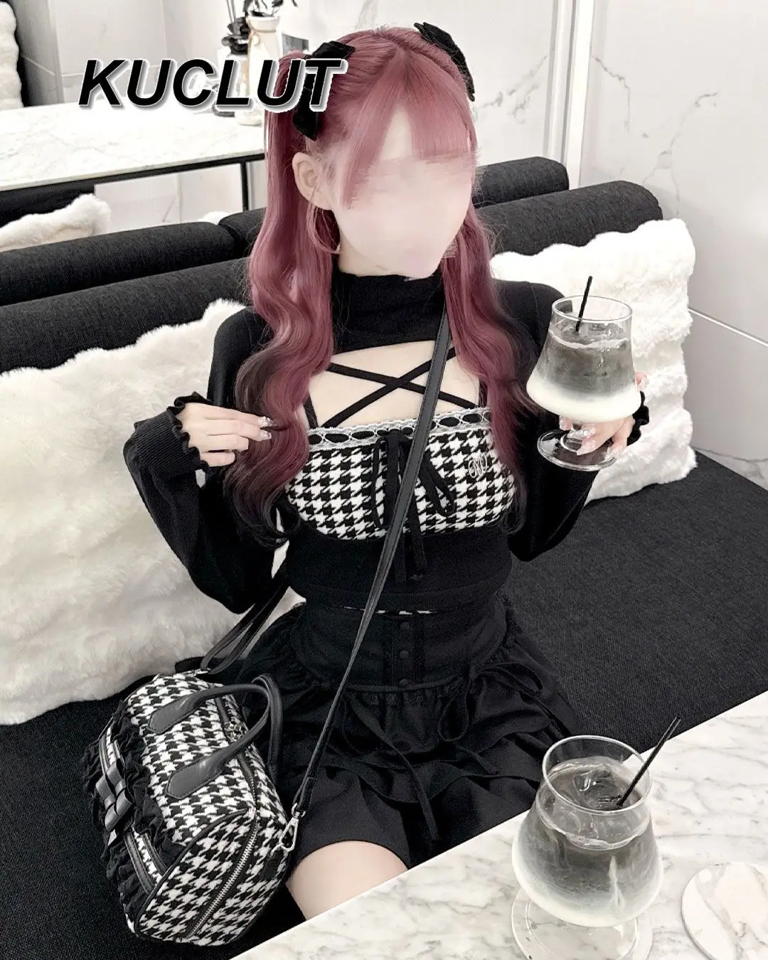 일본 스타일 패션 여성 니트 셔츠 가을 겨울 신상 하운드투스 레이스업 니트 조끼 세트