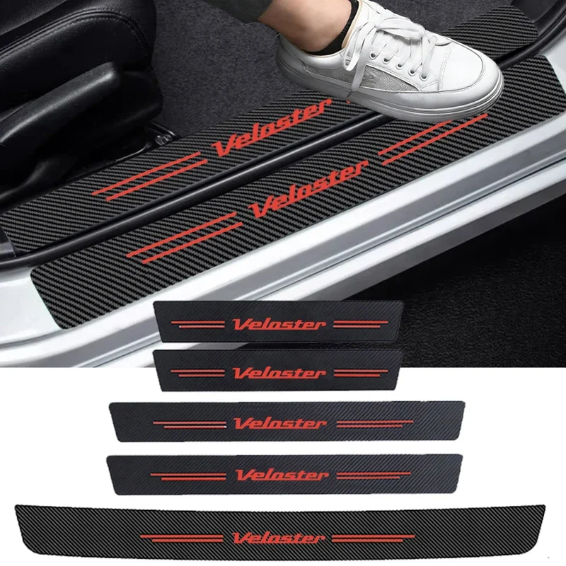 Carbon Fiber Front and Rear Door Sill Strips Scuff Scratch Waterproof Welcome Pedal Protection Decal For Hyundai Veloster Logo