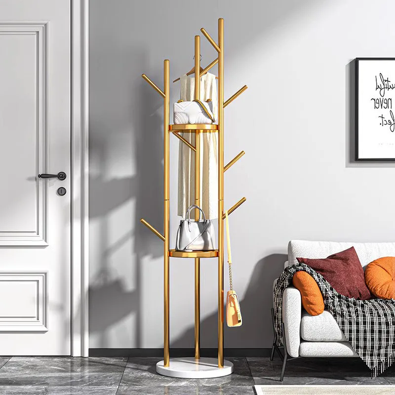 Luxury Metal Freestanding Coat Rack Tree Shape Garment Rack Adjustable Height Coat Stand with Storage Shelves for Hallway Home