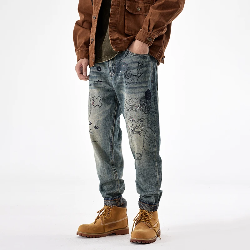 Men's printed graffiti personalized loose straight retro vintage high quality pants for men streetwear men denim baggy jeans