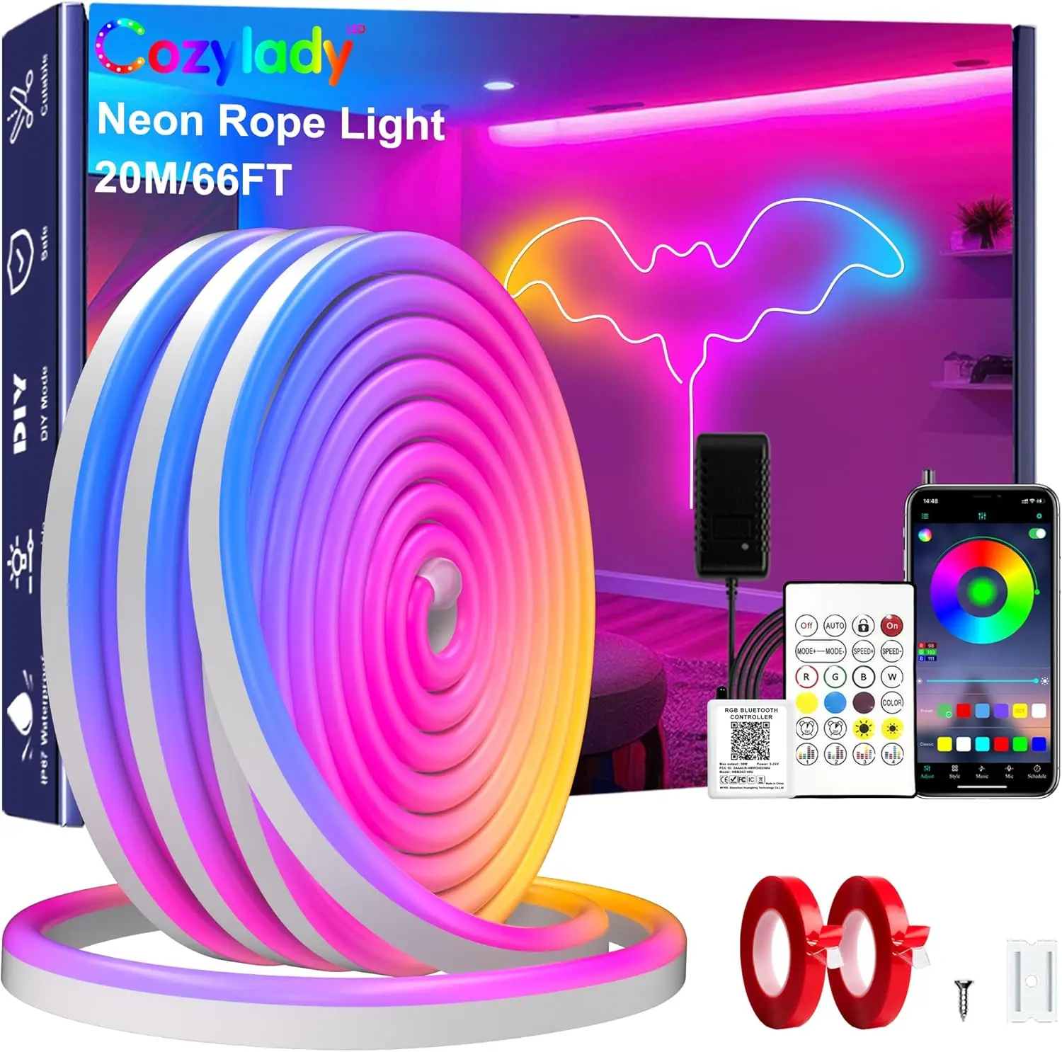 

Светодиодная неоновая лента RGB длиной 66 футов (20 м) с управлением через приложение/пульт, для внутреннего и наружного декора дома
