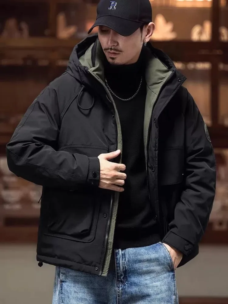 Jaket Pria Ukuran Besar Model Vintage Cargo, Jaket Tebal Hangat Musim Dingin, Jaket Bulu Angsa Tebal Berkerudung, Tahan Angin, Model Longgar, Mantel Baru