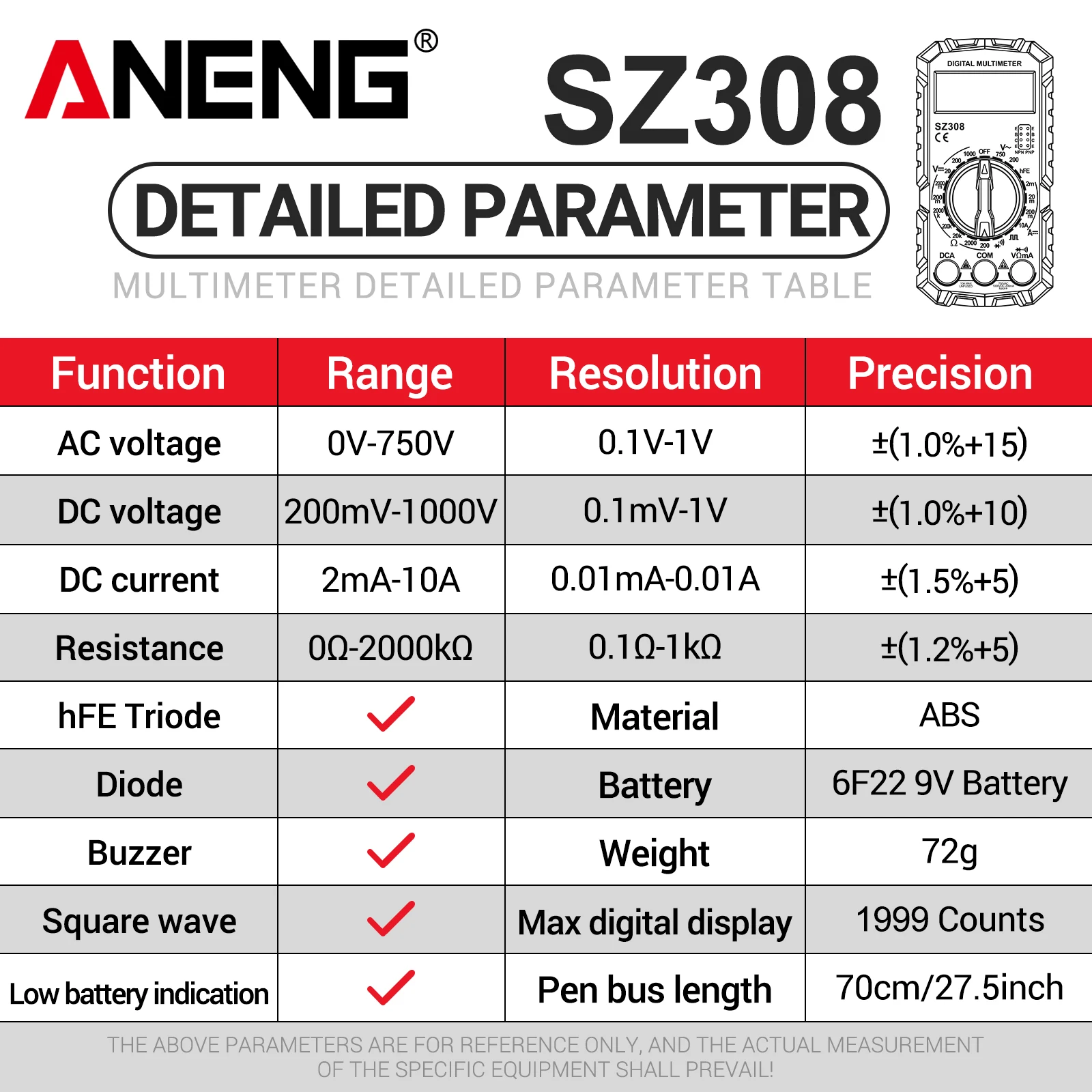 ANENG SZ308 Digital Multimeter 1999 Counts 750V AC 1000V DC Square Wave Triode Diode Low Batt Indicator Circuit Repair Test Tool image 6