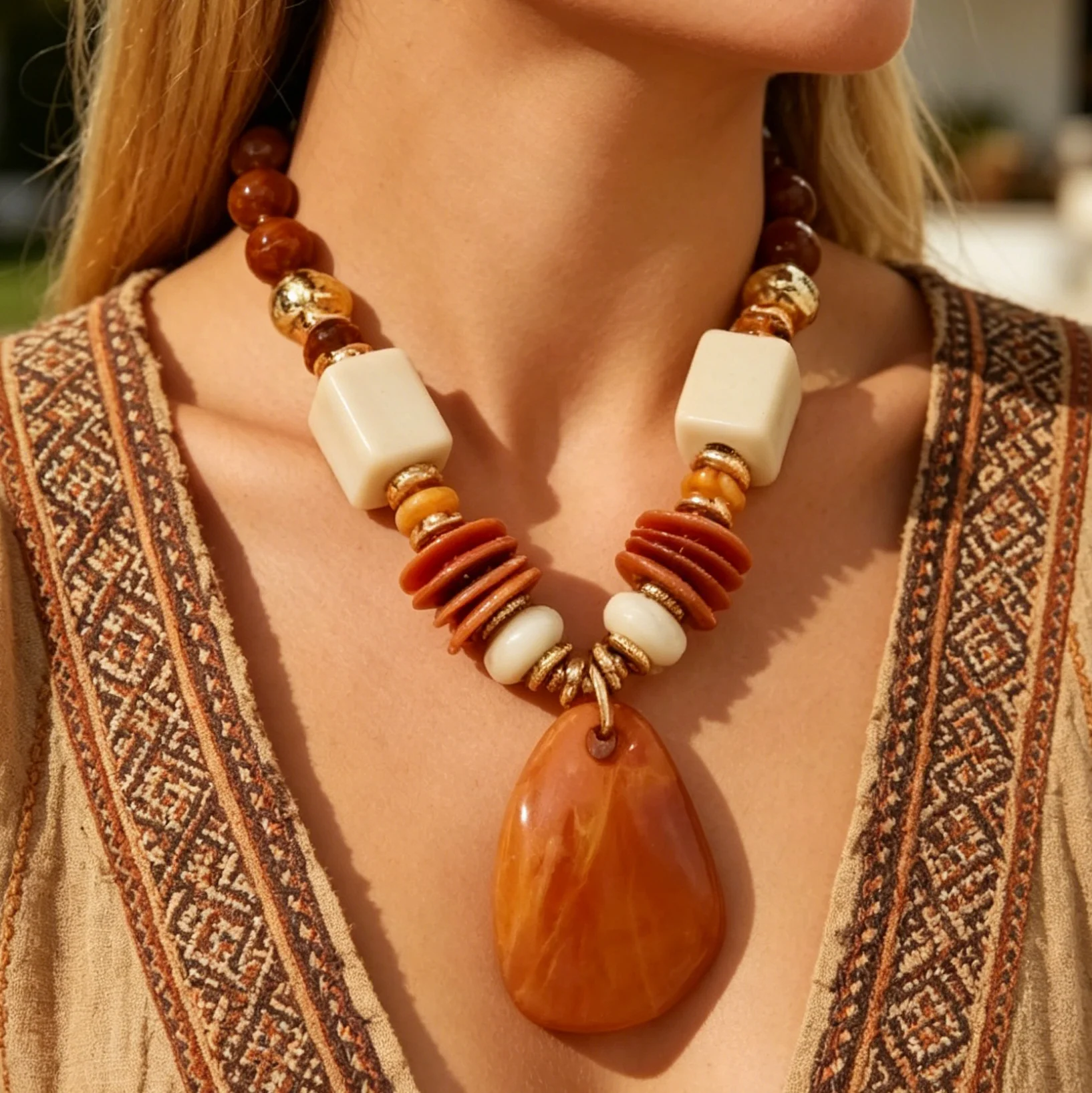 Boho Chunky Acrylic Beaded Necklace Large Marble Teardrop Pendant Mixed Square Disc Bead Statement Collar Women Vacation Gift