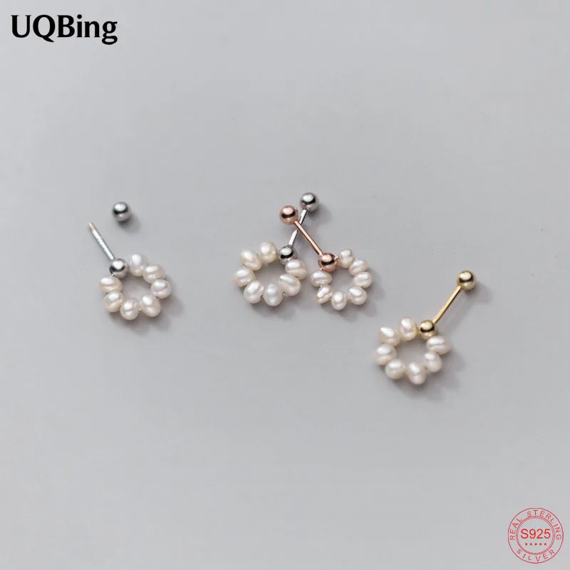 

100 % Pure 925 Sterling Silver Geometric Fresh Water Pearl Round Screw Back Stud Earrings Jewelry Girlfriend Gift