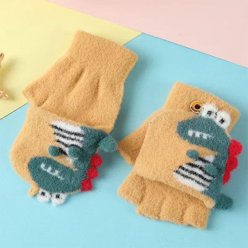 Nieuwe Kawaii Cartoon Dino Kids Handschoenen Half Finger Flip Handschoenen Voor Jongens Meisjes Kinderen Winter Warmte Schrijfhandschoenen 3-6T