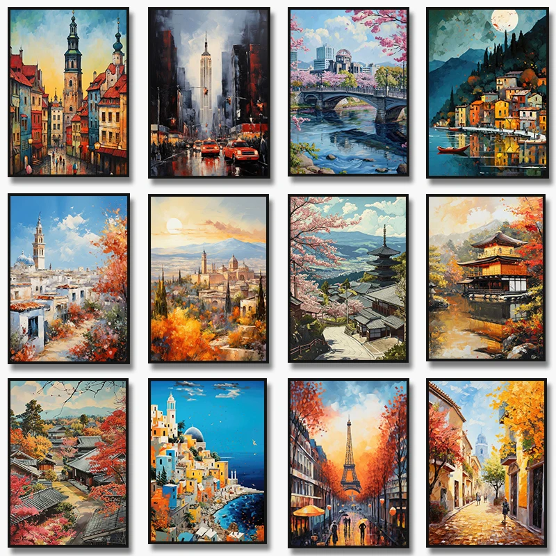 Póster de paisaje de España, Japón, calle, Costa de Amalfi, Asís, Italia, Ciudad de Nueva York, París, pintura en lienzo para sala de estar, decoración del hogar
