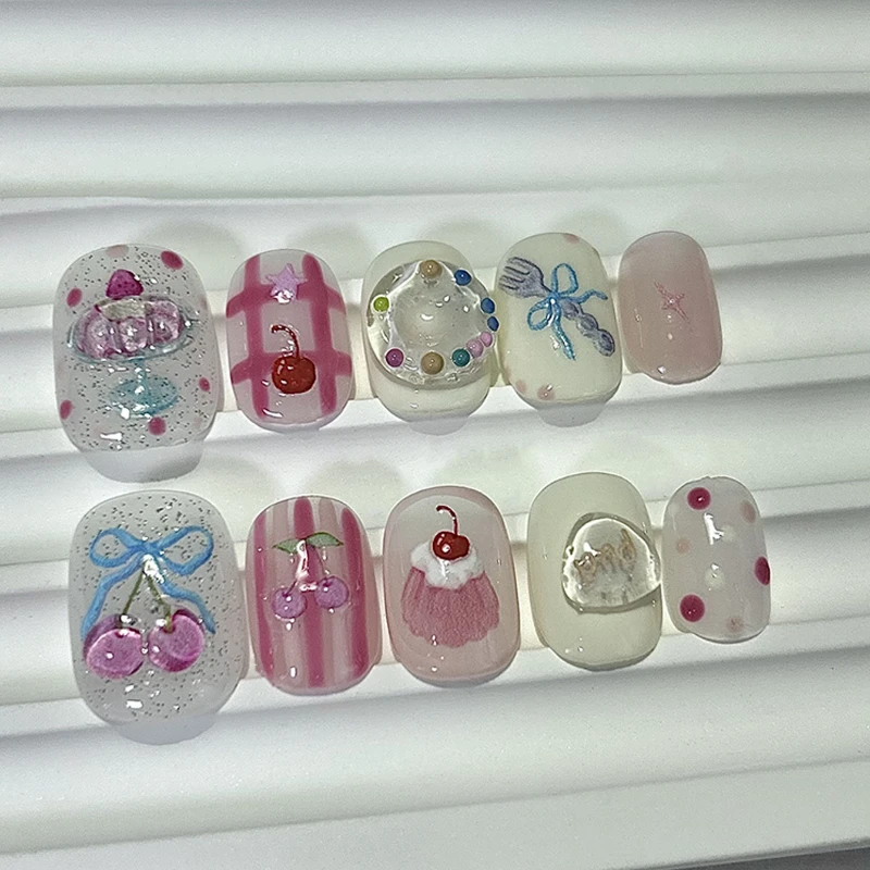10 ชิ้นฝันฤดูร้อนกดบนเล็บทำด้วยมือหวานน่ารักไอศครีมโดนัตชัดเจลลี่แพทช์เล็บปลอมถอดได้