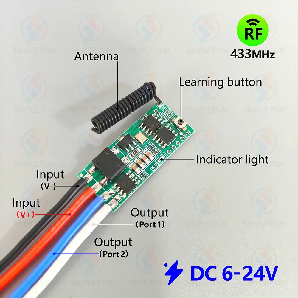 RF 미니 모터 리모컨 스위치, 릴레이 모듈, 모터 전진 역방향 정지, DIY용, 50m 송신기, 433MHz, DC 6V, 12V, 18V, 24V