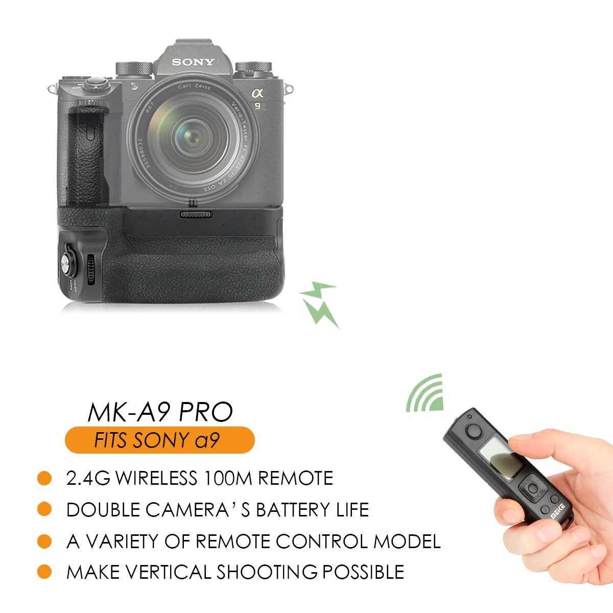 Meike MK-A9 pro With Remote Vertical Battery Grip Put in 1 or 2 pcs NP-FZ100 Battery Work for Sony A9 A7III A7RIII Cameras