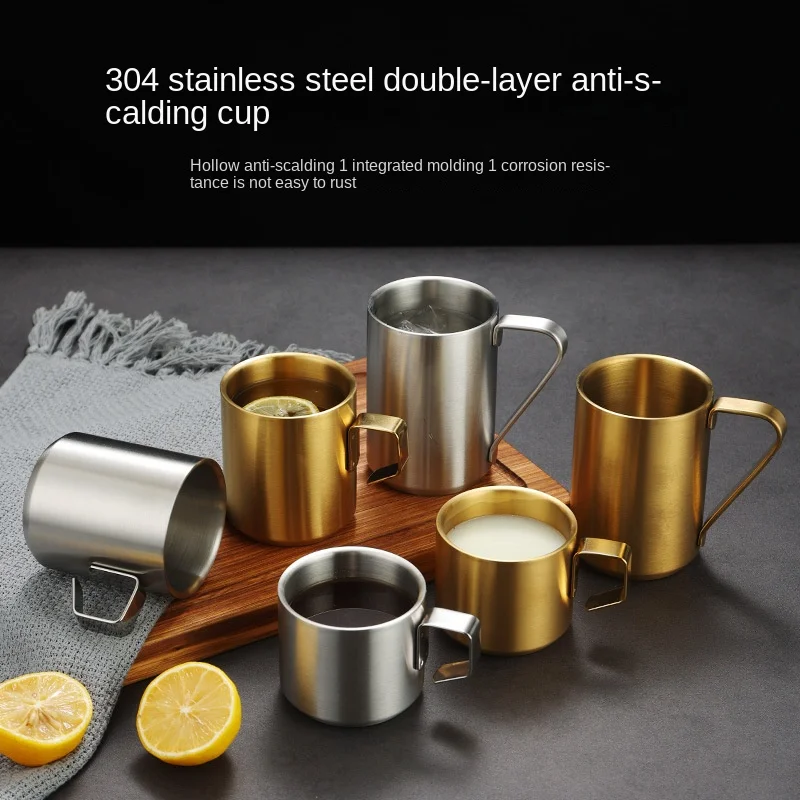 

304 Creative Stainless Steel Coffee Cup Double Bottom Mug Anti-Scald Drop-Resistant Mug with Handle Solid Color Office Cup