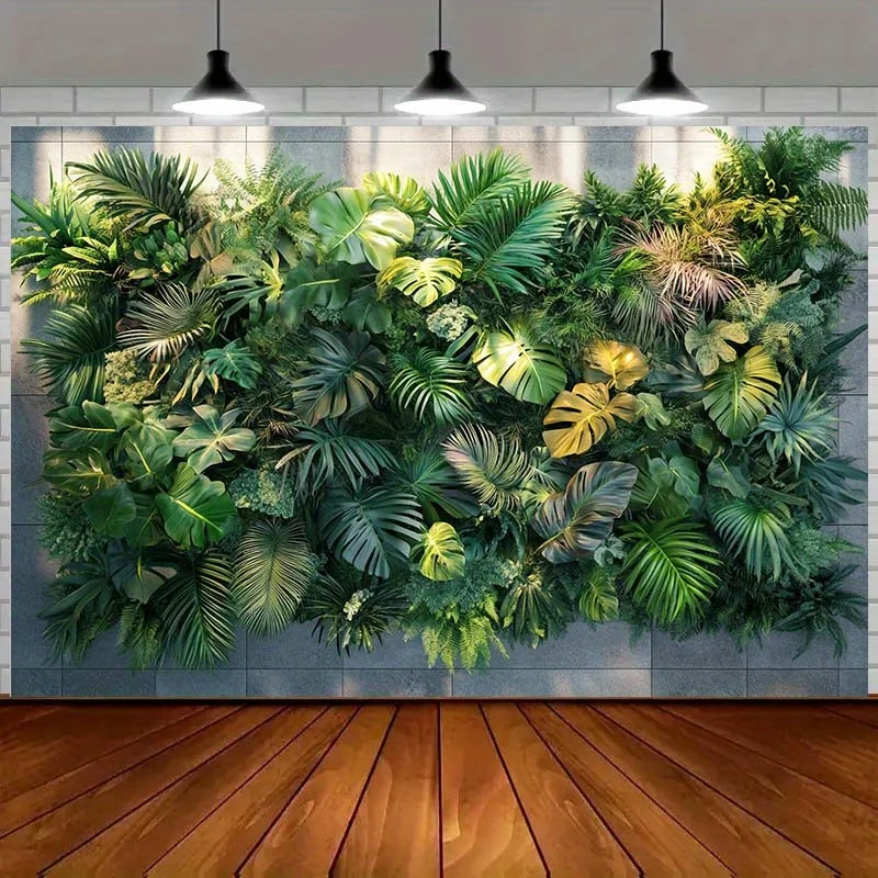 1 لافتة خلفية الغابة الاستوائية مع أوراق خضراء مميزة وتصميم أوراق حية - مناسبة لأعياد الميلاد والعطلات والحفلات
