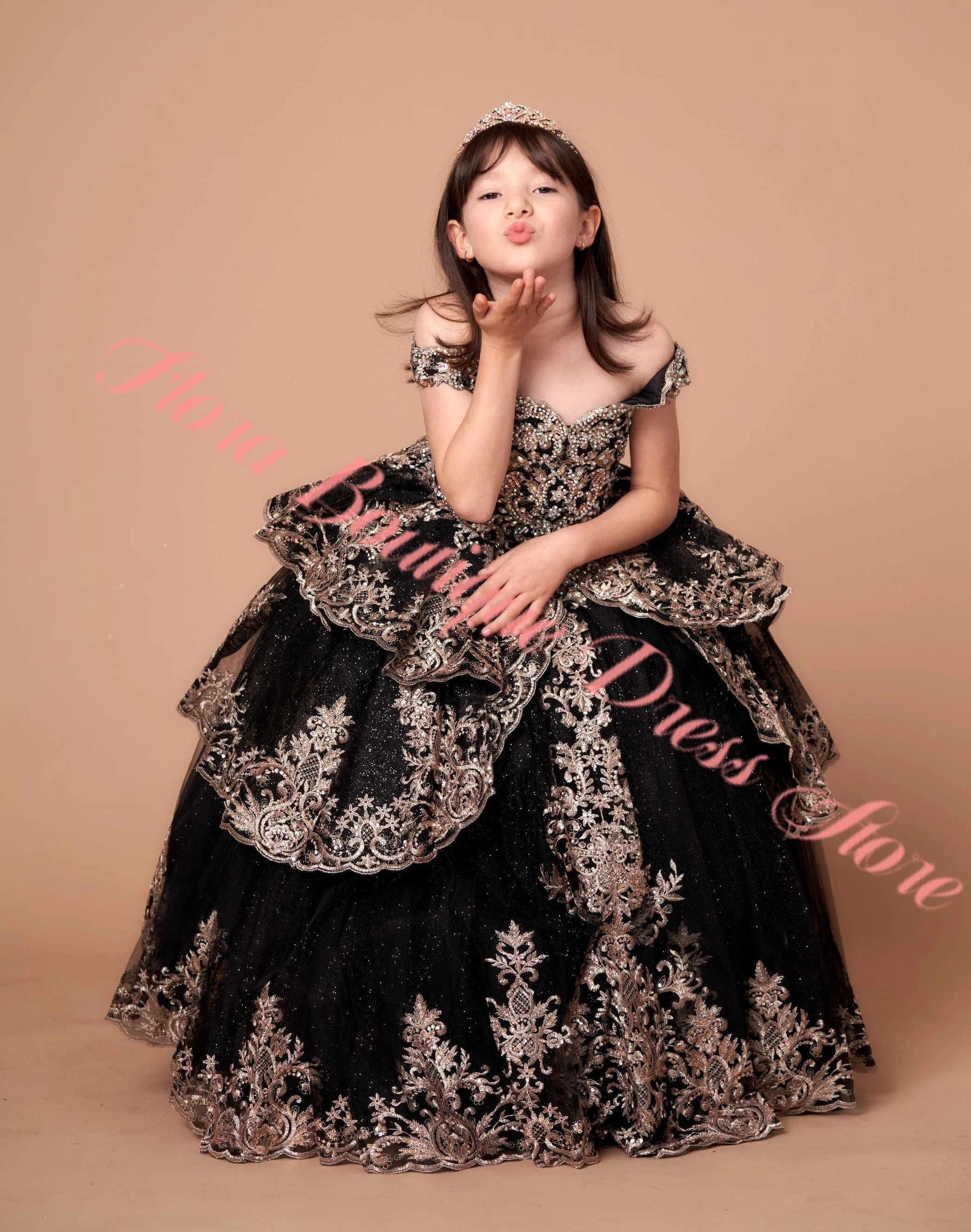 Red Gold Applique Flower Girl Dress Off Shoulder Kids Ball Gown Pageant First Communion Dress Customized Birthday Party Gown