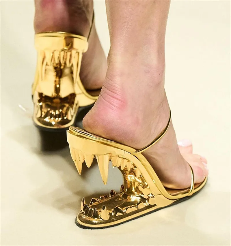 

Qianruiti New Gold Teeth Strange Heels Open Slingback Women Sandals Double Thin Strap Lady Strange Street Style Unique Shoe