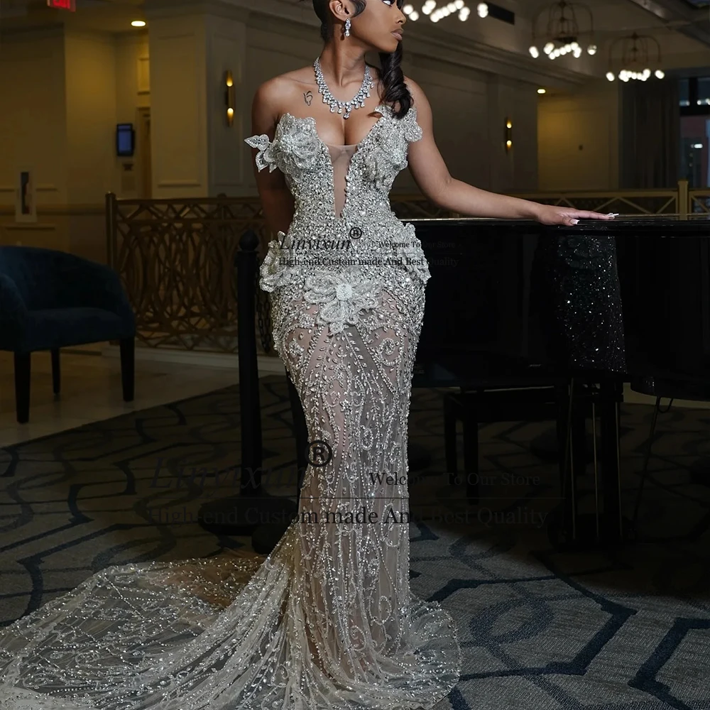 Luxurious Crystal Prom Dresses for Woman Deep V-Neck Mermaid Evening Party Gowns 2025 Customized Sleeveless vestidos de festa