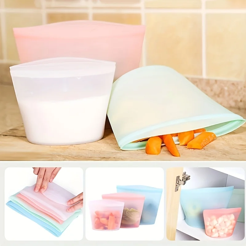 

1Pc 500ml/1000ml/1500ml Silicone Food Storage Bag Reusable Self-supporting Zipper Bag Leakproof Container Fresh-keeping Bag Food