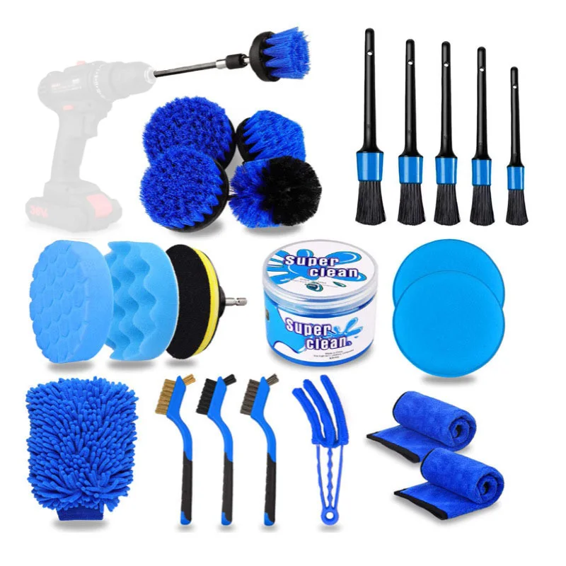 

24 piece car Blue cleaning brush set tire drill brush car wash microfiber towel glove rag interior detail dusting tool