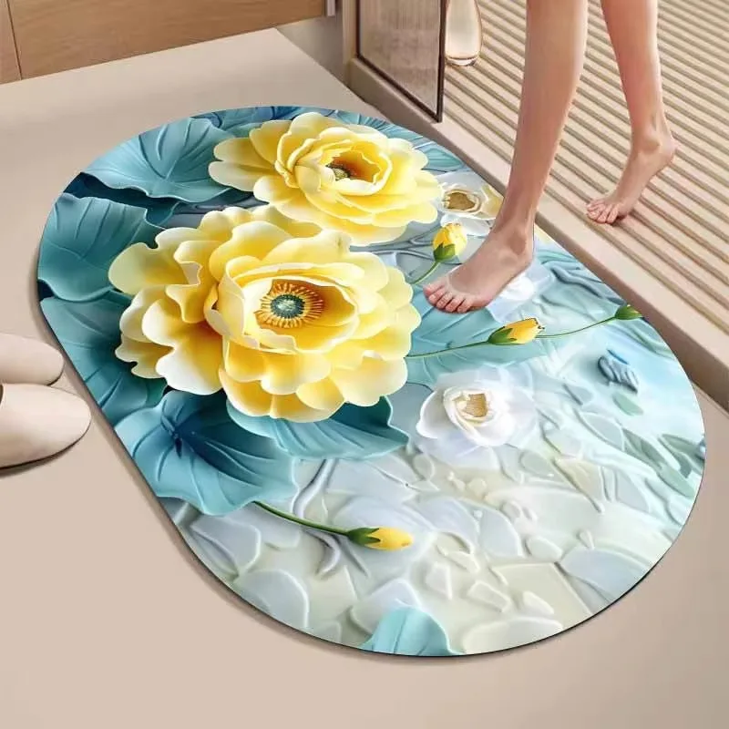 Floral Bathroom Door Rug, Water Absorbent Non-slip Floor Mat for Washroom Entry