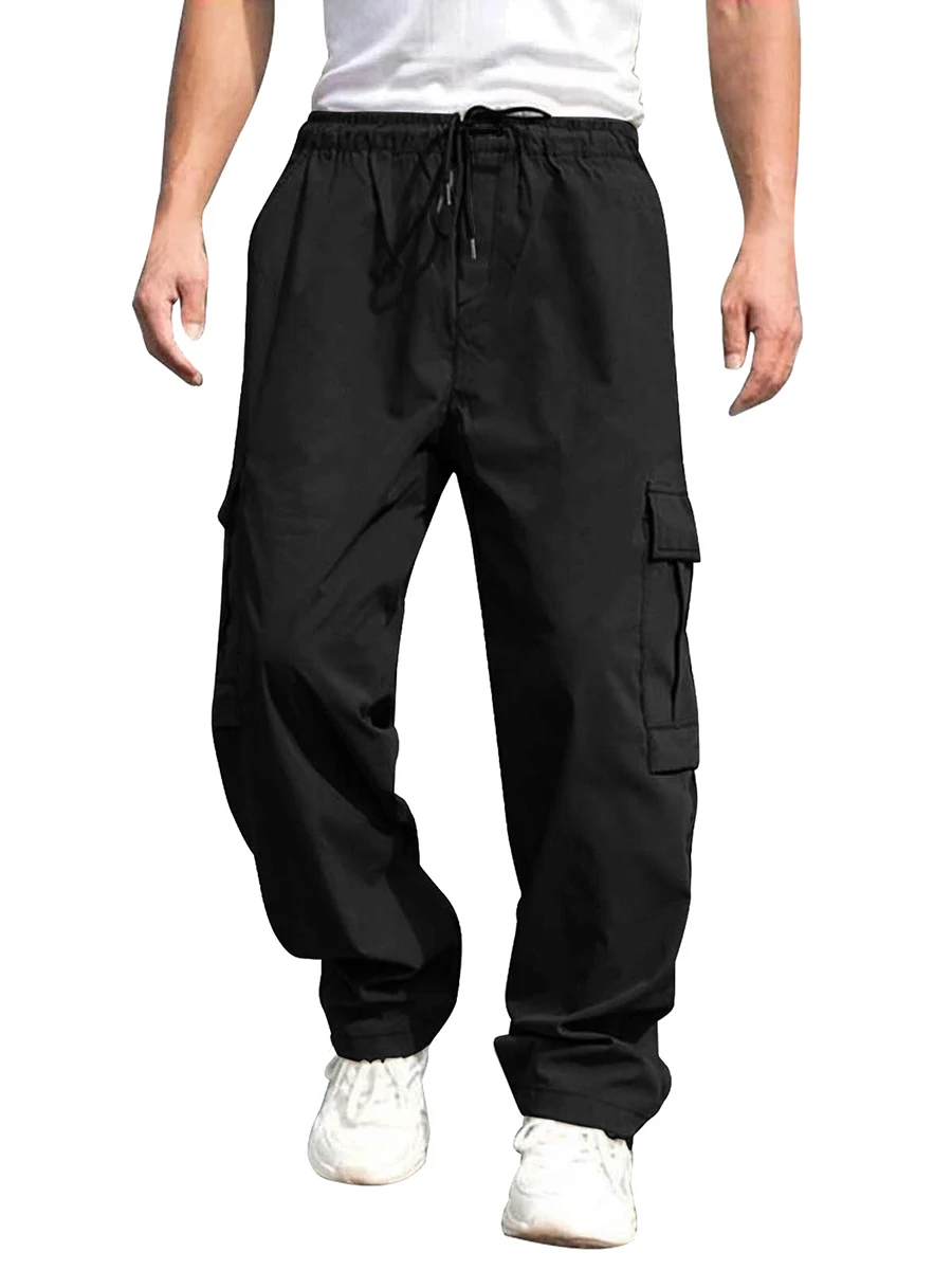 Pantalones largos de carga sueltos para hombre, pantalones de pierna recta, cintura con cordón, Color sólido, pantalones de trabajo casuales con bolsillos