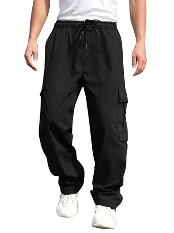 Pantaloni lunghi Cargo larghi da uomo pantaloni da lavoro Casual con coulisse in vita con coulisse in tinta unita con tasche