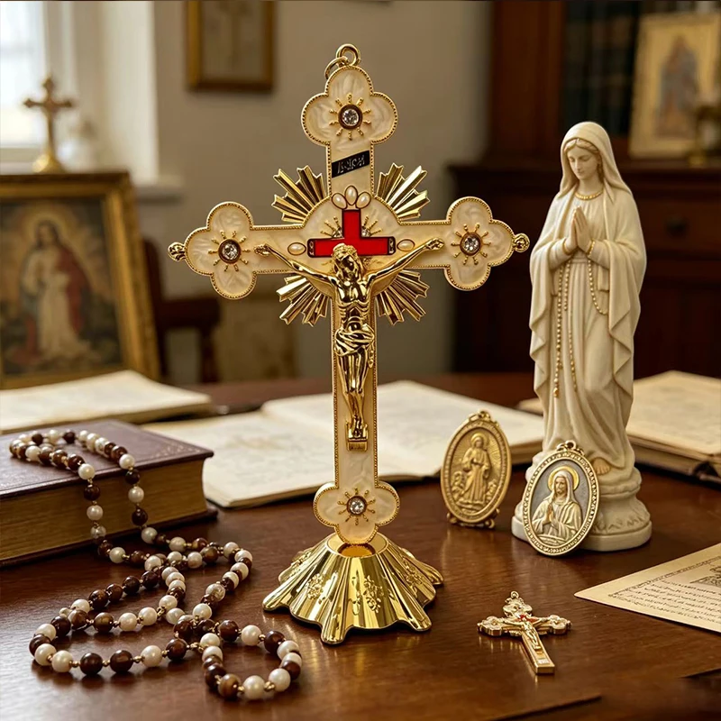 Handgefertigtes vergoldetes Kruzifix mit Perlmutt und Strasssteinen für katholischen Heimaltar, Gebet und religiöse Dekoration G – Detail 4
