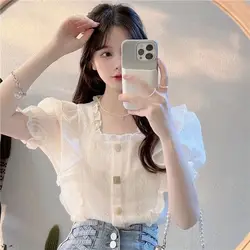 Women Summer Casual Fashion Slim Ruffles Sweet Square Collar Short Sleeve Shirts Women Clothes Casual All-match Appear Thin Tops