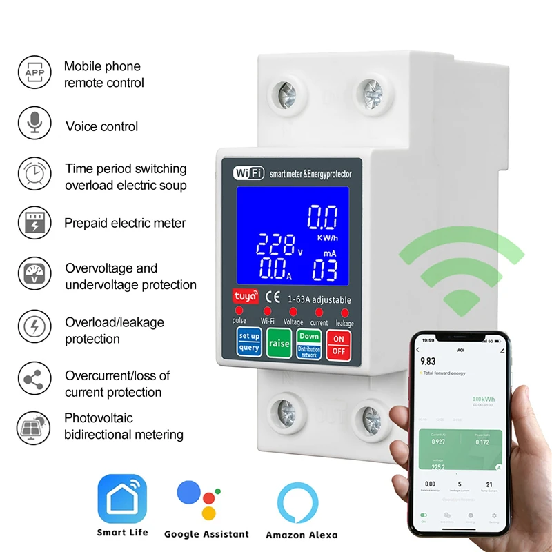 63A 230V WiFi Smart Circuit Breaker App & Voice Control Water Pump Motor Controller Earth Leakage Over Under Voltage Protector