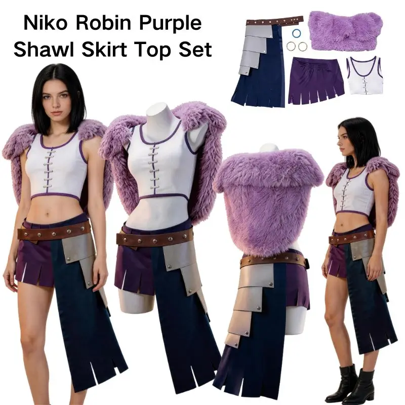 

Female Niko Robin Cosplay Costume Halloween Carnival Party Role Play Purple Shawl Skirt Top Set