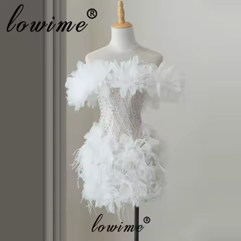 Elegant Ivory Mermaid Short Cocktail Dress Off Shoulder Sleeveless Evening Dress Feather Crystal Beads Prom Dress Customized