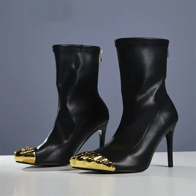 Gold Five Toe Matte Leather Ankle Boots Sexy Pointed Toe Thin Heel Matte Leather Zipper New Arrivals Fashion Women Modern Boots