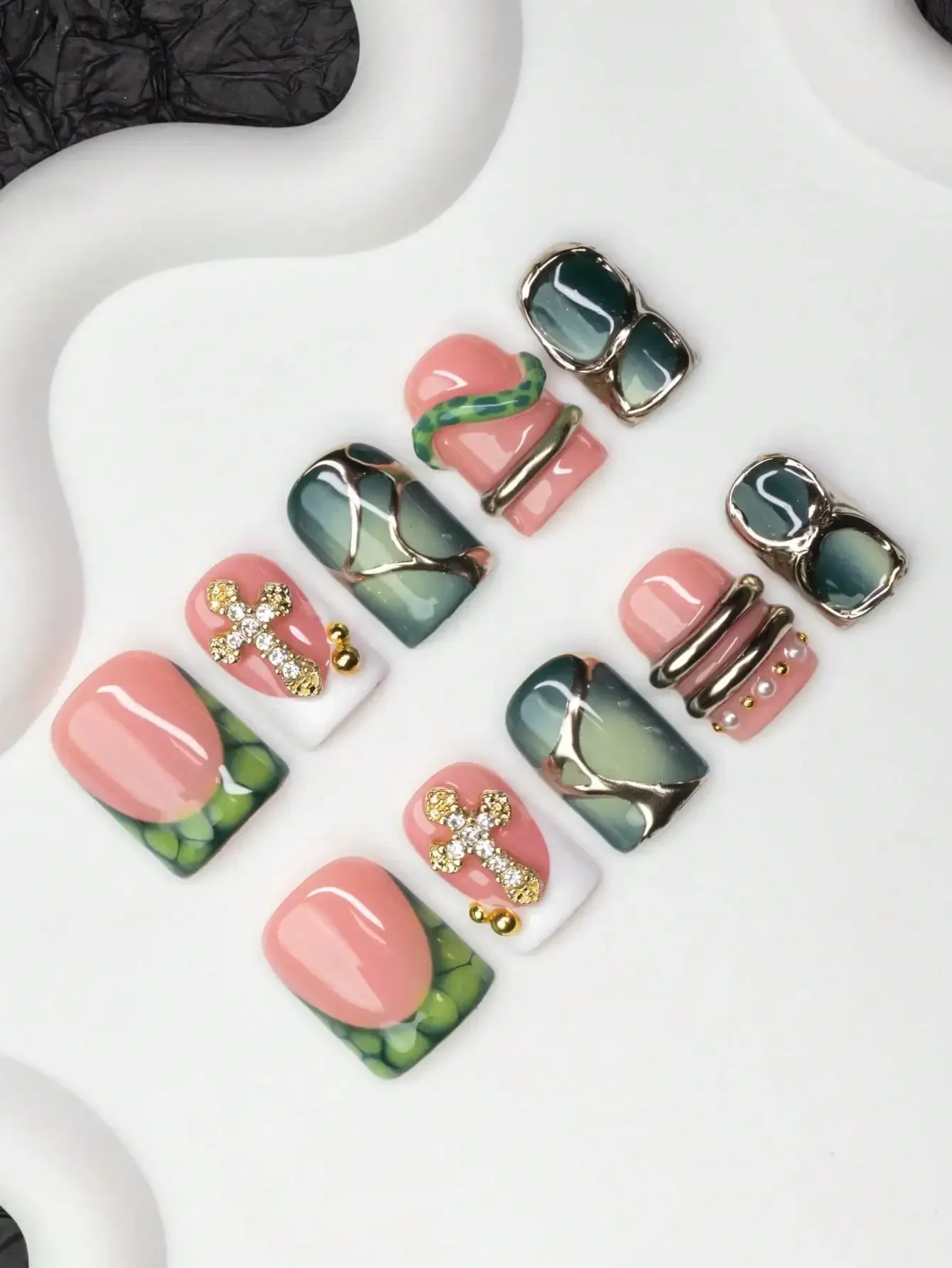 

10pcs/Set Handmade Square Nail Tips With French Edge, Asymmetrical Liquid Metal, Cross, Beads, Snake Skin Elements, Y2K Baddie S