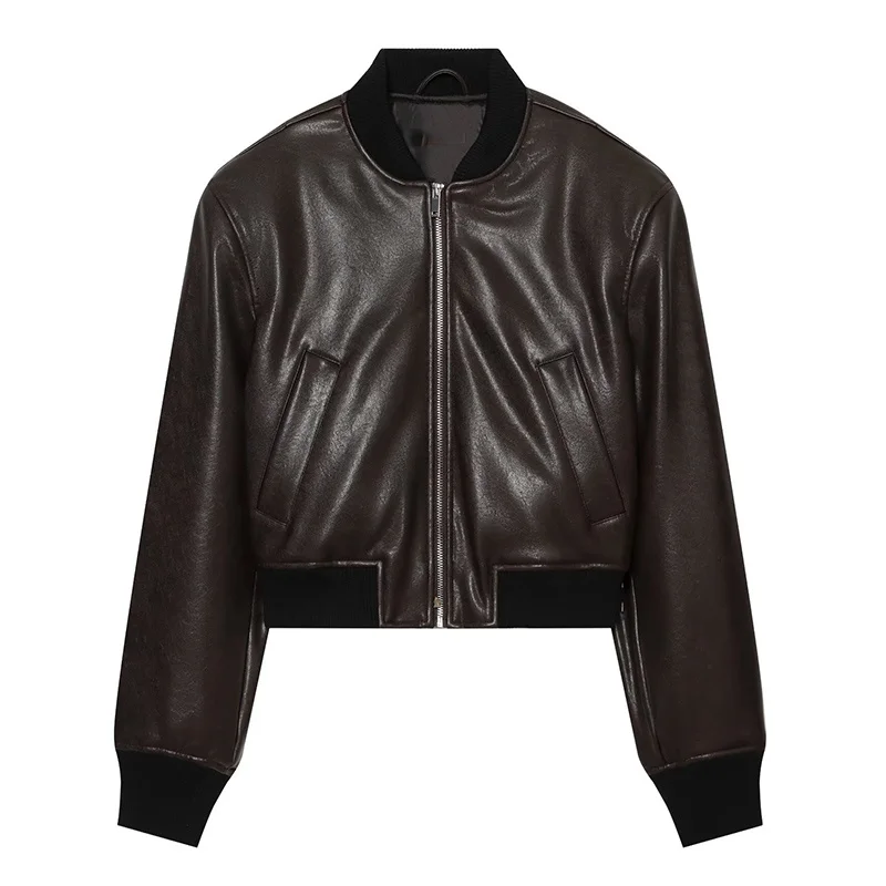 Guobioziy 2026 Autumn Chocolate Brown Faux Leather Jacket Women Zip Front Bomber Coat Loose Fit For Chic Daily Commute