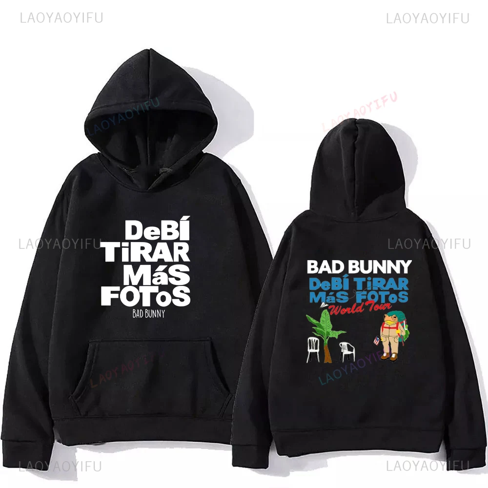 2025 Bad Bunny Debi Tirar Mas Fotos Rana Álbum Sudadera gráfica Sudadera con capucha de moda Mujer Hombre Negro Puerto Rico Sudadera con capucha con hombro caído