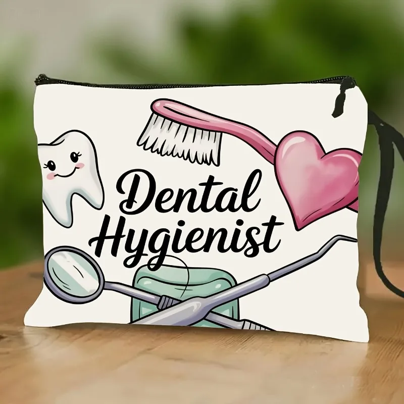 Cartoon Style Dental Themed Storage Bag Wash Bag Wrist Strap Zipper Toothbrush Floss Storage Bag Dental Hygienist Oral Dental Ch
