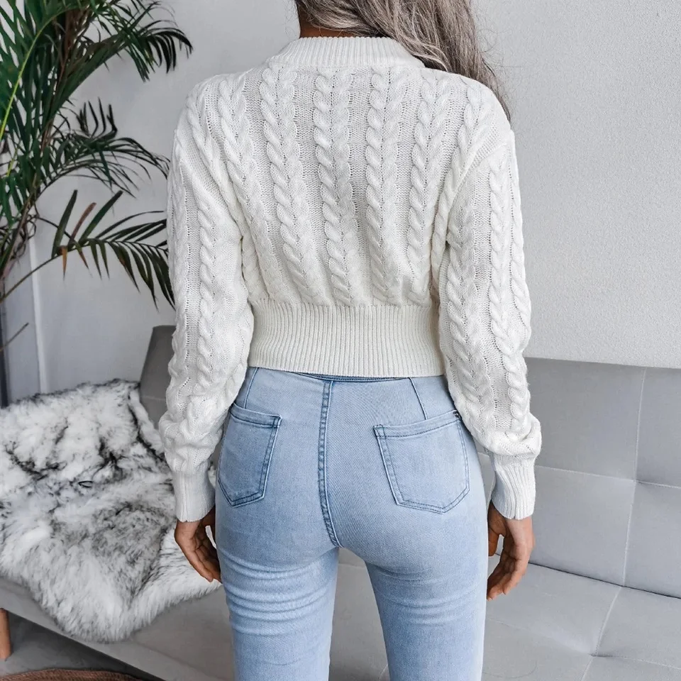 Crop Cable Knit White Sweater Long Sleeve Crew Neck Pullover Women Jumper Soft Girls Autumn Winter  Thick & Warm Knitwear