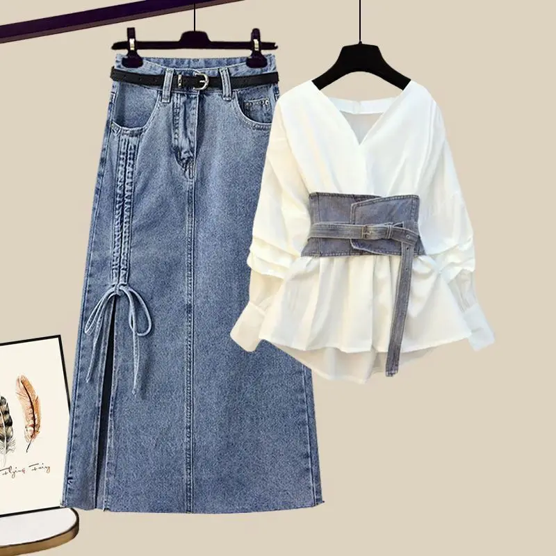 

Three Piece Women Denim Dress Set Y2k Matching Set Waist Cincher Petal Sleeve Shirt Full Lenth Slit Skirt Casual 2025 Autumn