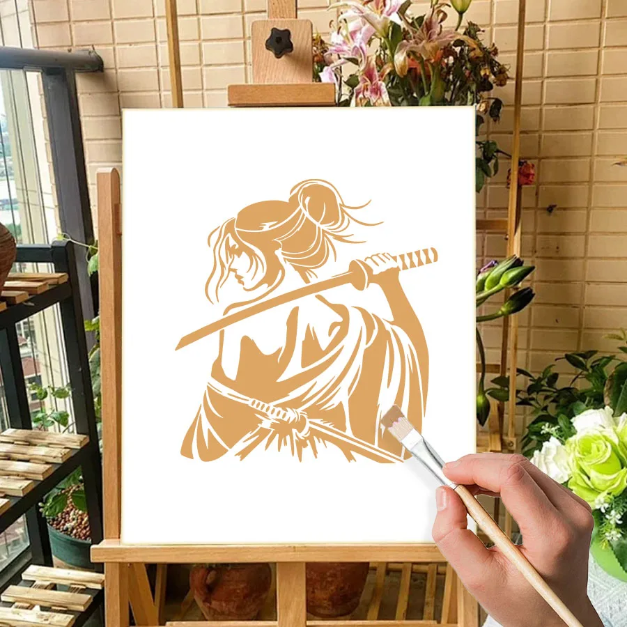 قطعة واحدة من قالب استنسل الساموراي الأنثوي مقاس 11.8 بوصة للرسم على نسيج خشبي على الحائط