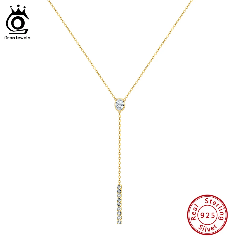 

ORSA JEWELS Trendy 925 Pure Silver 5A Zircon T Bar Pendant Y Necklace Party Shiny CZ Long Y-shaped Neck Chain Fine Jewelry BQN41