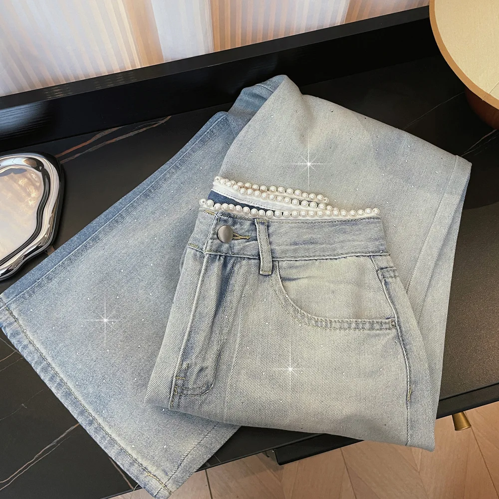 

Корейские модные женские джинсы с жемчугом и стразами, весенние повседневные трендовые джинсы с высокой талией, широкие джинсовые брюки, свободные женские брюки