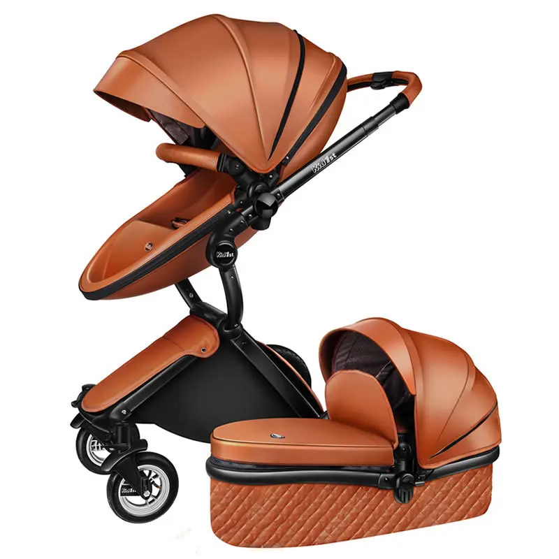 Baby stroller 2 in 1, Luxury PU leather Newborn Carriage,High Quality Landscape two way trolley car, baby Pushchair shell pram