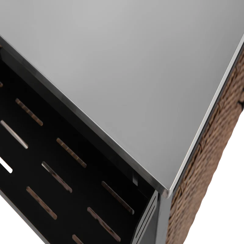 Outdoor Kitchen Wicker Island Rolling Cart & Storage Cabinet, Wheels and Stainless Steel Extended Table Top, Side Handle for Pat