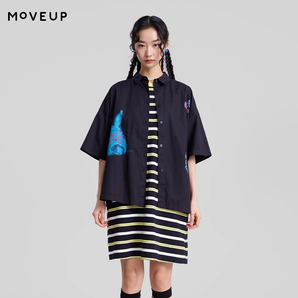 

MOVEUP Short-Sleeve Women's Shirt 2026 Spring New Pure Cotton Cartoon Print Irregular Hem Loose Casual Tops For Women 3ELC20437