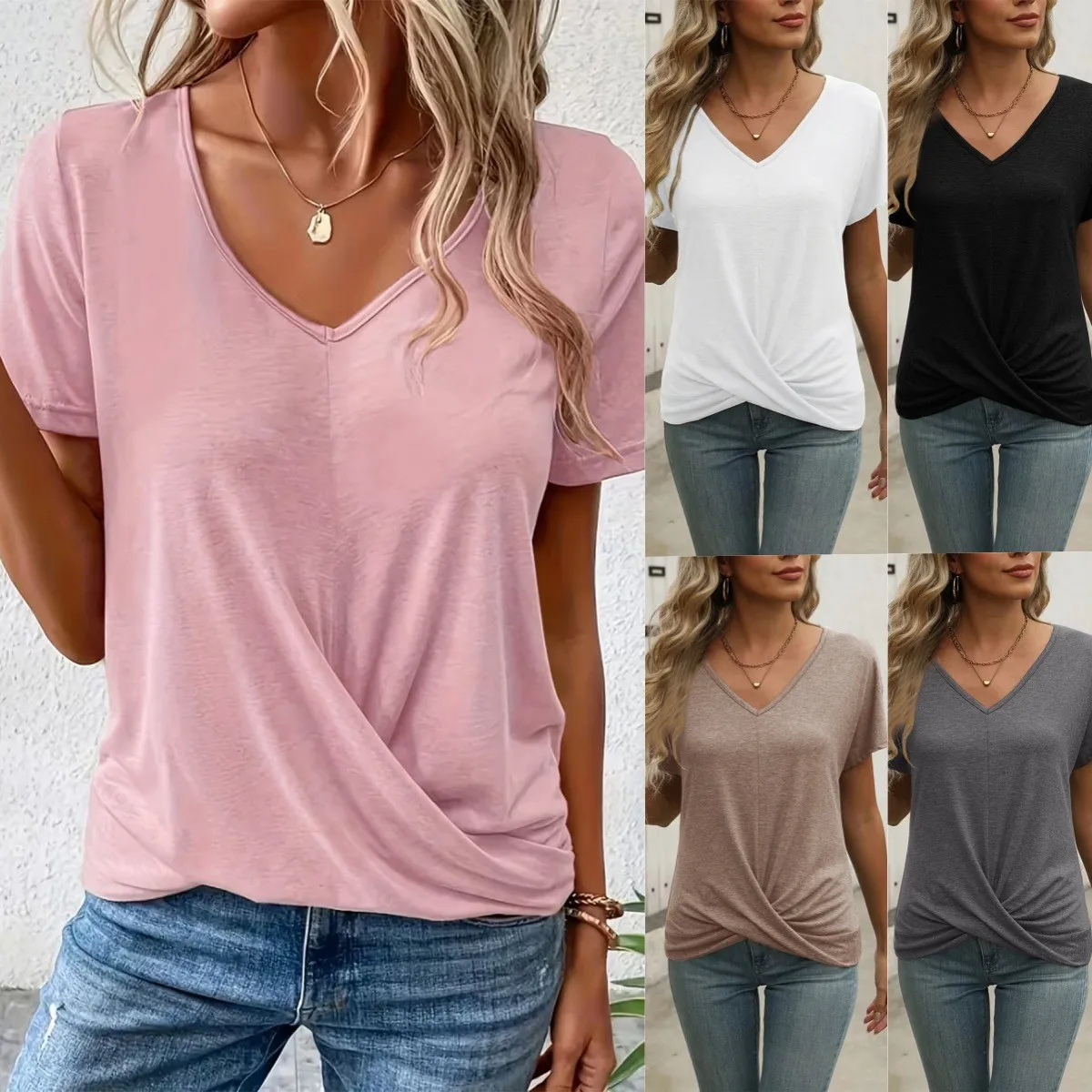 Summer Clothes Women T Shirt Short Sleeve Cotton Loose Fit T Shirts V Neck Solid Color Twist Front Tee Black White Pink Top