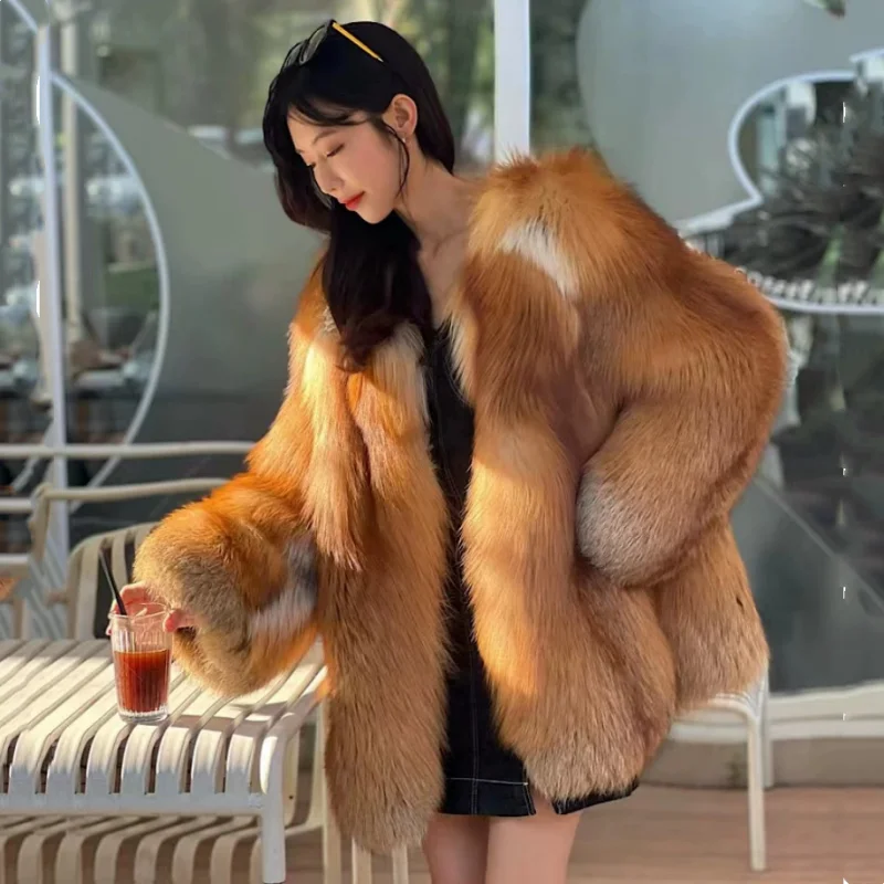 Women Real Red Fox Fur Coat Natural Genuine Fox Fur Jacket Mid‑Length Luxury Fluffy Warm Winter Fashion Outerwear For Ladies