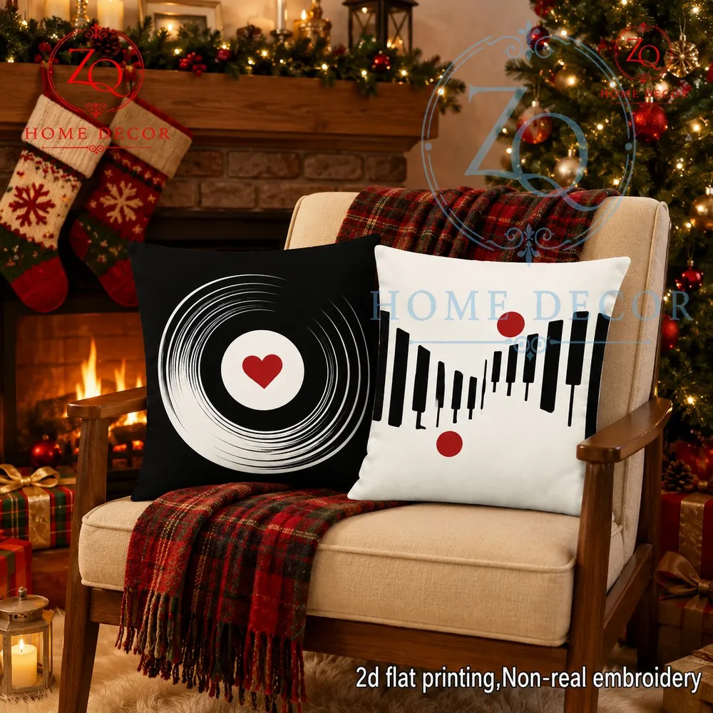 Christmasthemed musicthemed cushion cover with vinyl record  piano key design creing a warm  cozy home environment.