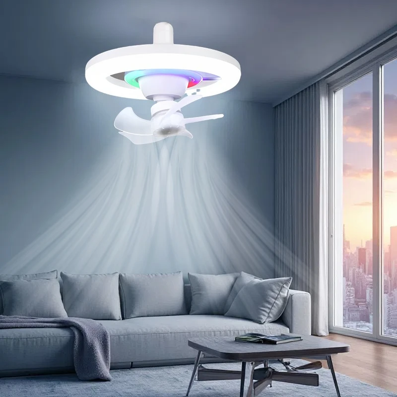 E27 New Remote Control Ceiling Mounted Fan Light Ceiling Fan RGB/White/Warm Lights Automatic Shaking  Hall/bedroom Lighting