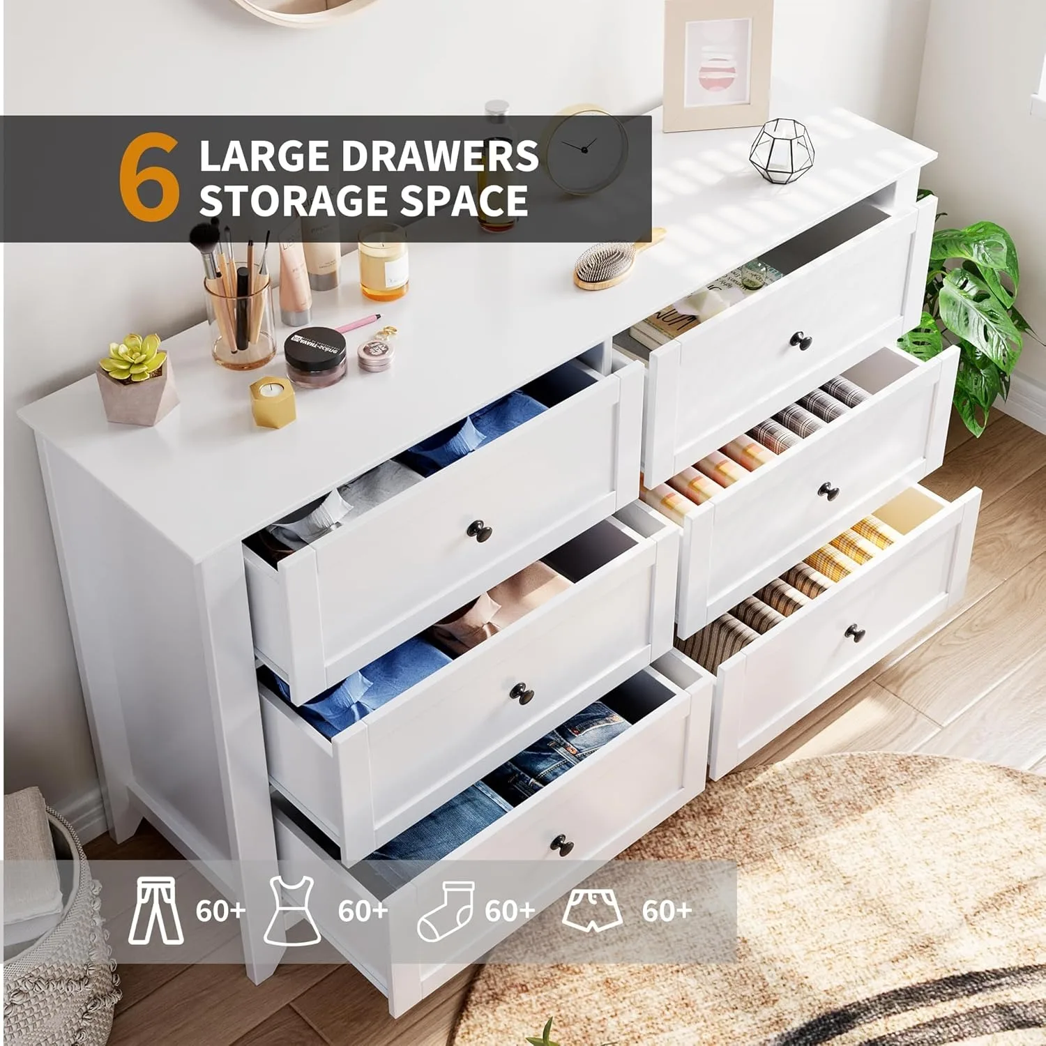 6 Drawer Dresser Modern Wood Storage Cabinet 54 Inch Wide Chest with Deep Drawers Metal Knobs Anti Tip Design Bedroom Living Room Entryway Organizer image 4