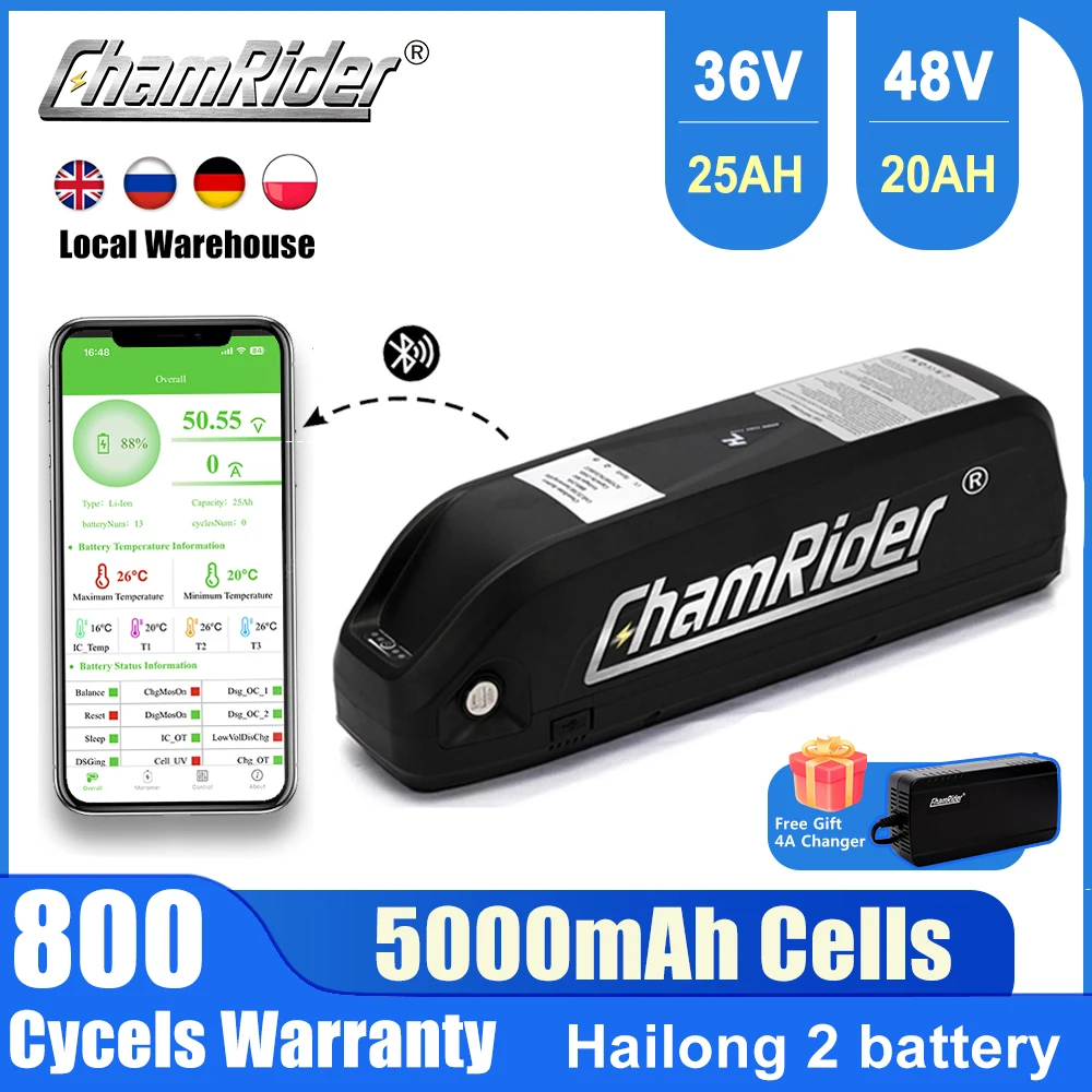 ChamRider Hailong 2  48V 36V Ebike Battery 20ah 21700 Cells 40A BMS 500W 750W 1000W 1500W Electric Bicycle Pack Lithium