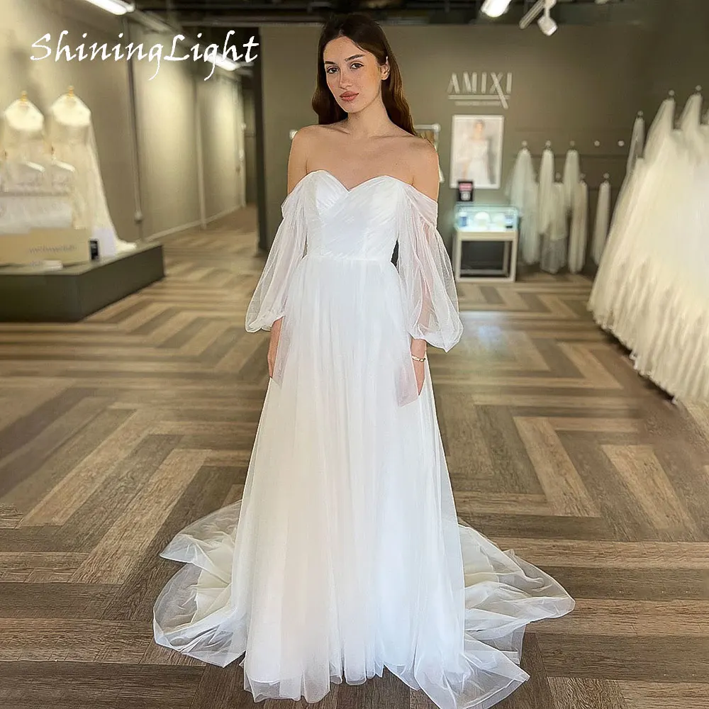 

ShiningLight Full Sleeves Tulle Wedding Dresses Off-Shoulder Sweetheart Pleats Simple A Line Bride Gowns Sweep Train Customized