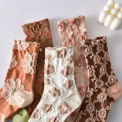 5 Pairs/ Lot Dreamlikelin Woman Socks Harajuku Retro Embroidery Spring 3D Knitting Flowers Embossed Print Lolita Christmas Gift